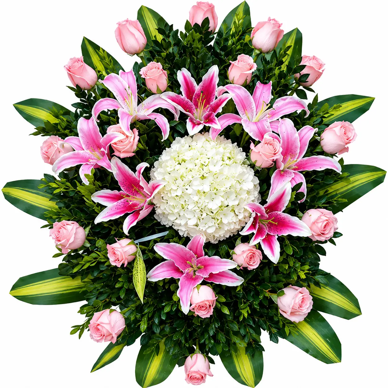Arreglo floral de piso rosado para velorio con rosas rosadas lirios rosados hortensias y glacenas elegante arreglo de condolencias con entrega a domicilio en Lima